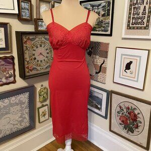 50s Vintage Glamorous Red Nylon Slip Dress with Lace Bust and Hem Size S